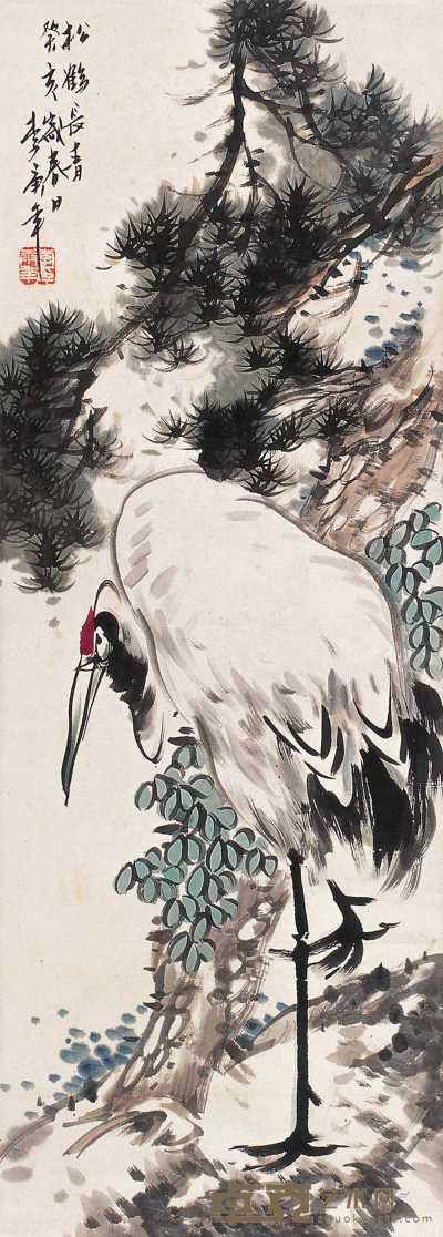 李庚年 癸亥（1983）年作 松鹤常青 立轴 93×33cm